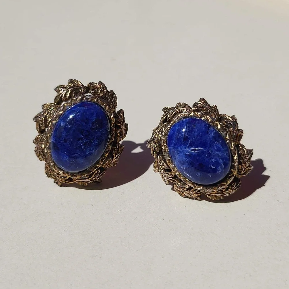 Vintage Lapis Lazuli Gold Tone Leaf Border Cufflinks Blue Mens Textured Toggle